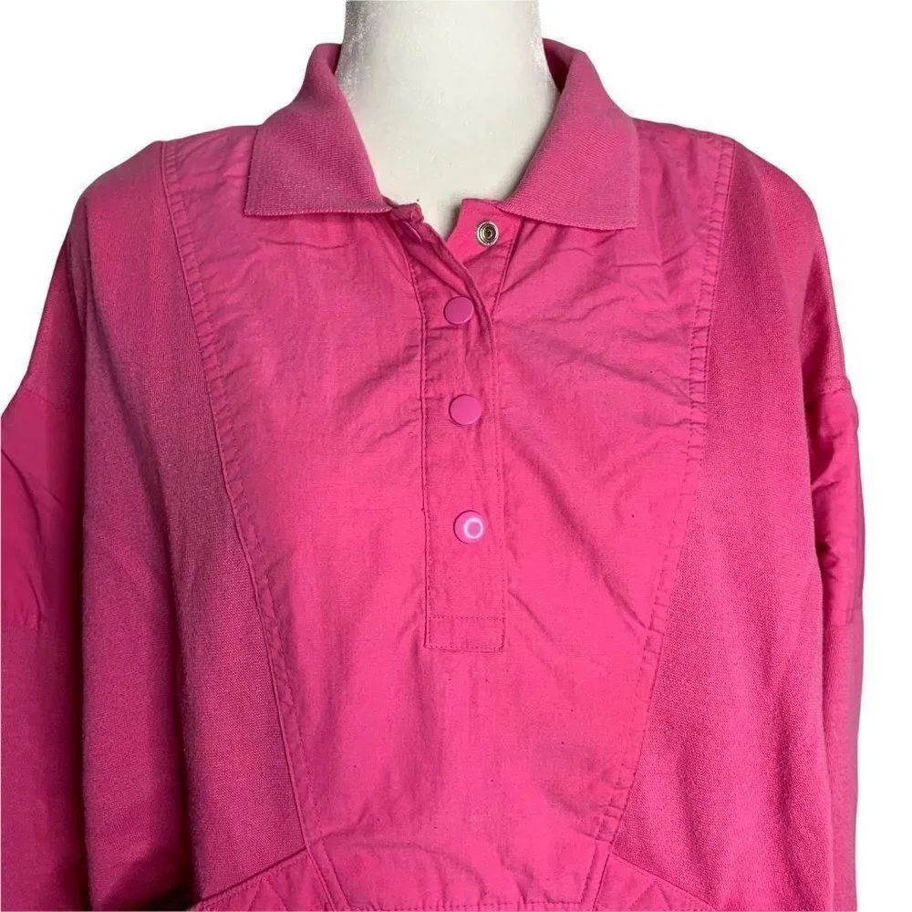 Vintage 80s Snap Front Pullover Sweatshirt L Pink Collared Pockets Ribbed Knit